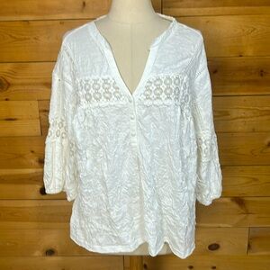 SUNDANCE White Crinkled Embroidery Lace Blouse SizeXL V-Neck 3/4 Ballon Sleeves